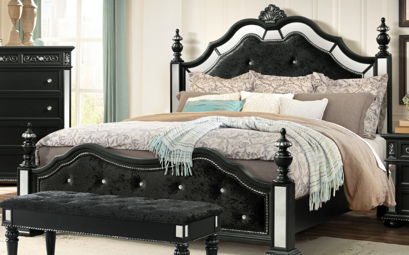 Homeroots Black Felt Finish King Bed With Crystal Mirrored Embellished